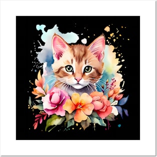 A cat decorated with beautiful watercolor flowers Posters and Art